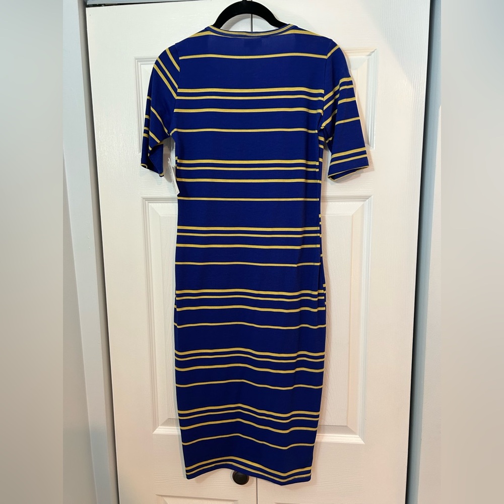 LuLaRoe Julia Bodycon Dress XS Blue Yellow Stripe Short Sleeve NWT